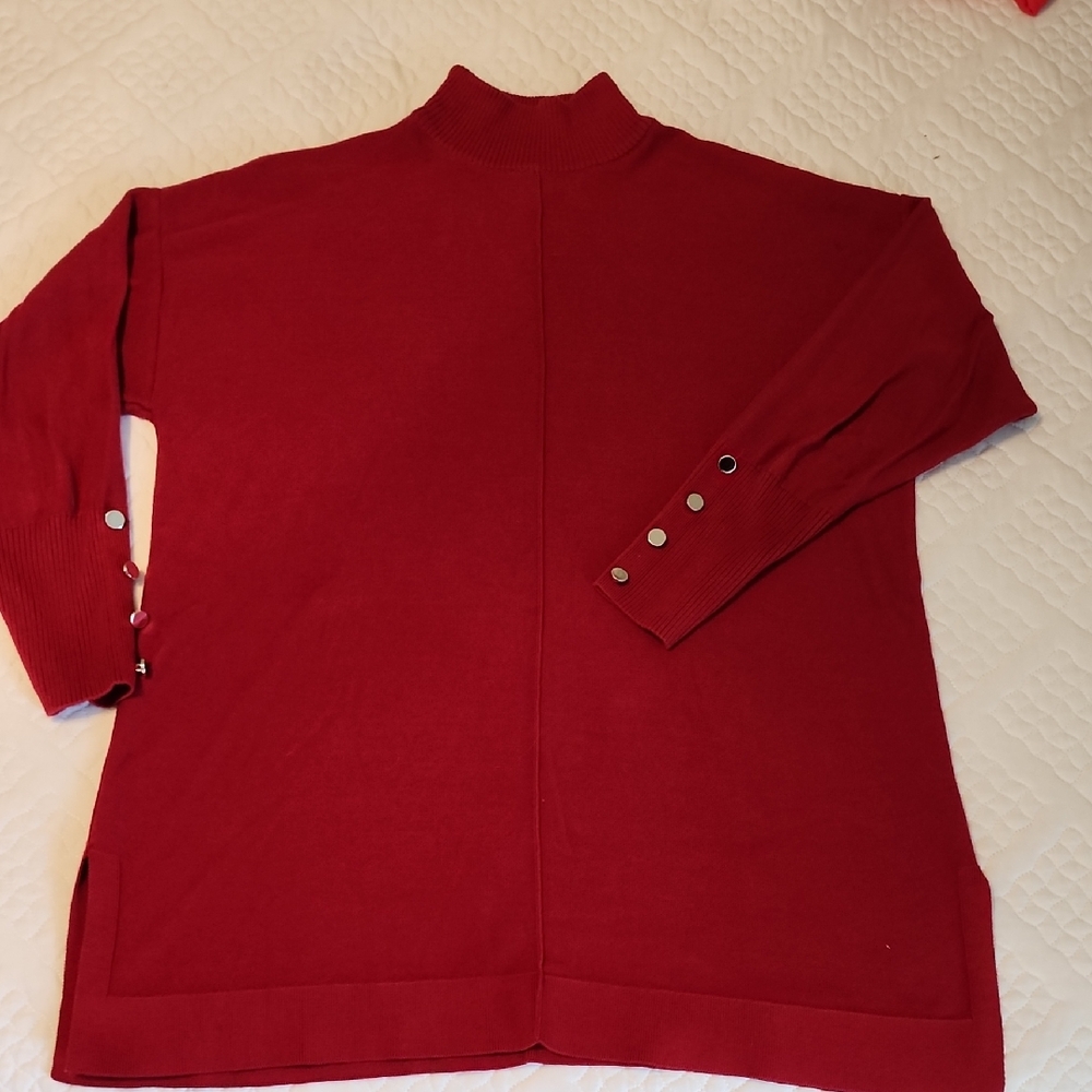 Anne Klein Mock Neck Tunic Sweater, Red With Gold Buttons, Sz Medium
